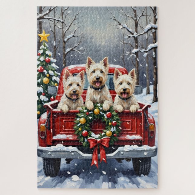 West Highland White Terrier Christmas Red Truck (Vertikal)