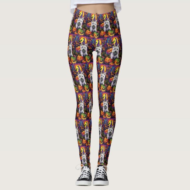West Highland White Terrier Dog Halloween Hexe Leggings (Vorderseite)
