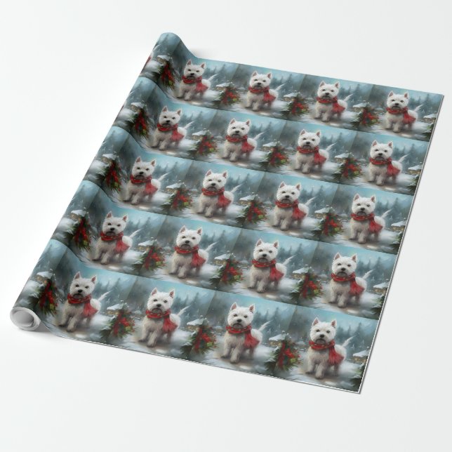 West Highland White Terrier Dog in Snow Christmas Geschenkpapier (Ungerollt)