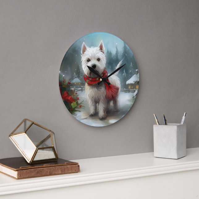 West Highland White Terrier Dog in Snow Christmas Große Wanduhr (Büro)