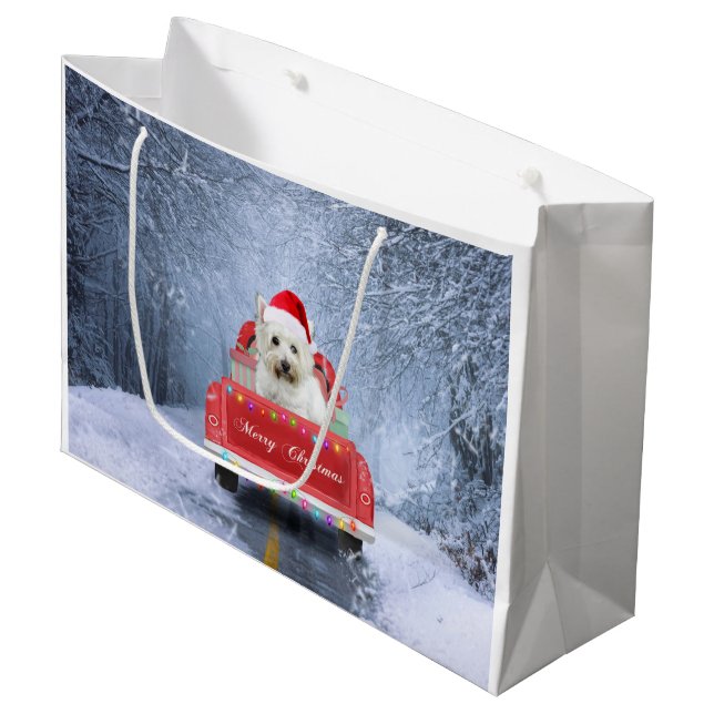 West Highland White Terrier Dog in Snow LKW Große Geschenktüte (Vorderseite Schrägansicht)