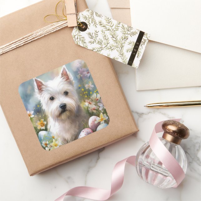 West Highland White Terrier Easter Eggs Holiday Quadratischer Aufkleber (Schenken)