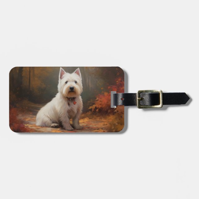 West Highland White Terrier im Herbst Leaves Fall Gepäckanhänger (Vorderseite horizontal)