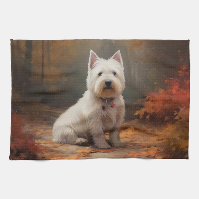 West Highland White Terrier im Herbst Leaves Fall Geschirrtuch (Horizontal)