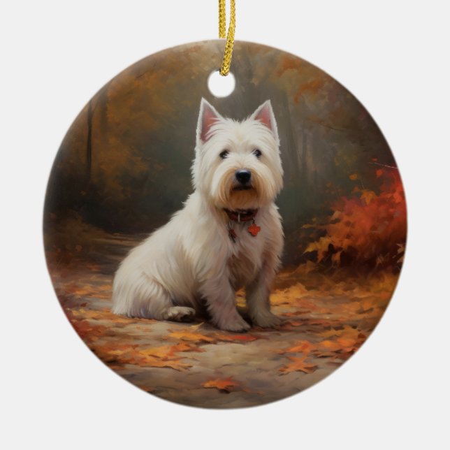 West Highland White Terrier im Herbst Leaves Fall Keramik Ornament (Vorne)