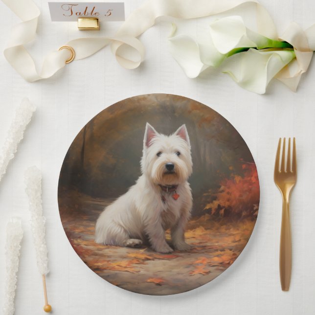 West Highland White Terrier im Herbst Leaves Fall Pappteller (Hochzeit)