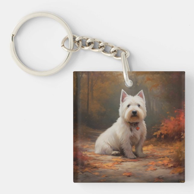 West Highland White Terrier im Herbst Leaves Fall Schlüsselanhänger (Vorderseite)