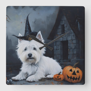 West Highland White Terrier Kürbis Halloween Quadratische Wanduhr