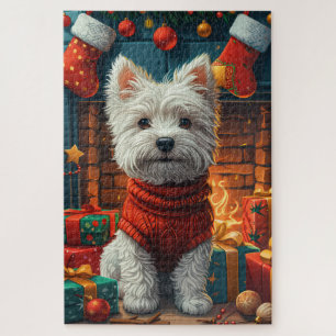 West Highland White Terrier mit Weihnachtsgeschenk