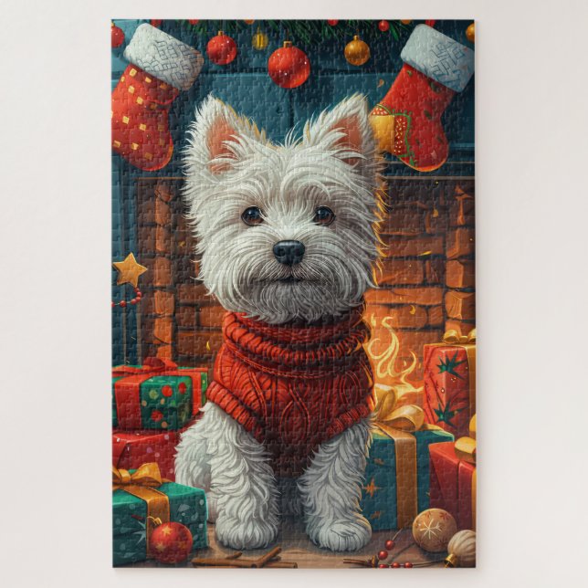 West Highland White Terrier mit Weihnachtsgeschenk (Vertikal)