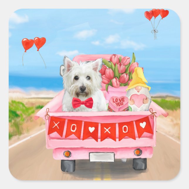 West Highland White Terrier Valentine's Day Truck Quadratischer Aufkleber (Vorderseite)