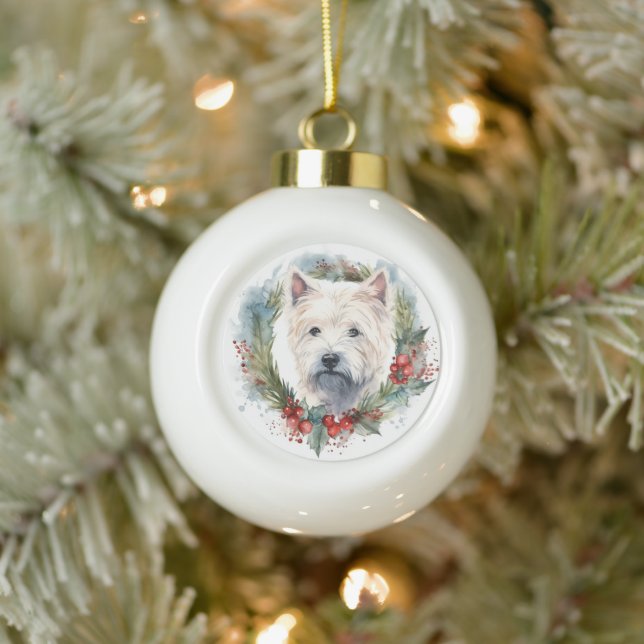 West Highland White Terrier Weihnachtskranz Keramik Kugel-Ornament (Baum)