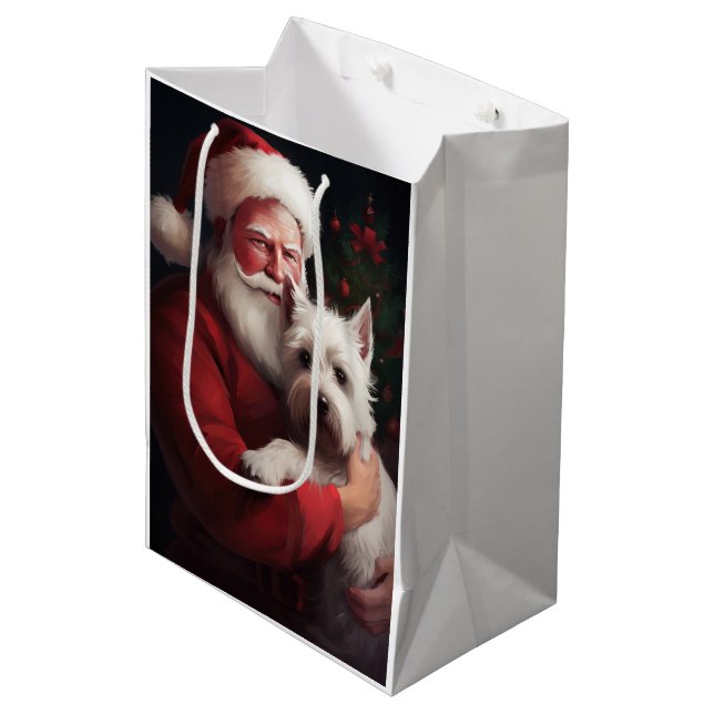 West Highland White Terrier Weihnachtsmann Mittlere Geschenktüte (Vorderseite Schrägansicht)