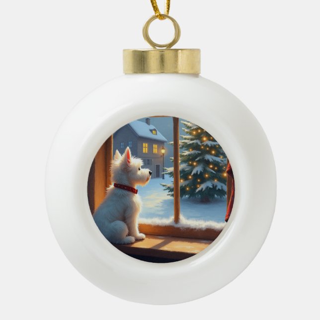 West Highland White Terrier Weihnachtsmorgen Blick Keramik Kugel-Ornament (Vorderseite)