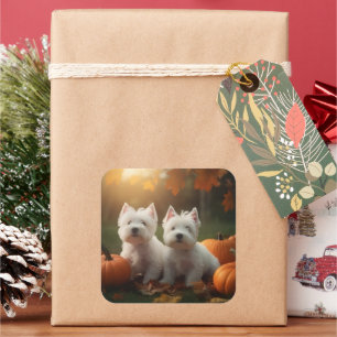 West Highland White Terrier Welpe Herbst Kürbis Quadratischer Aufkleber