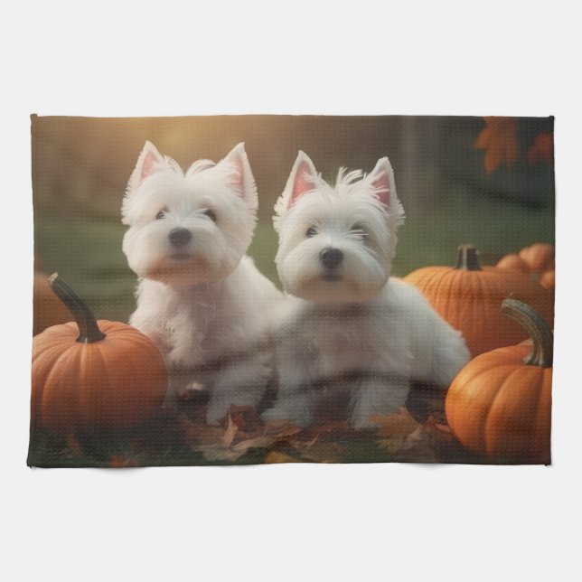 West Highland White Terrier Welppy Autumn Pumpkin Geschirrtuch (Horizontal)
