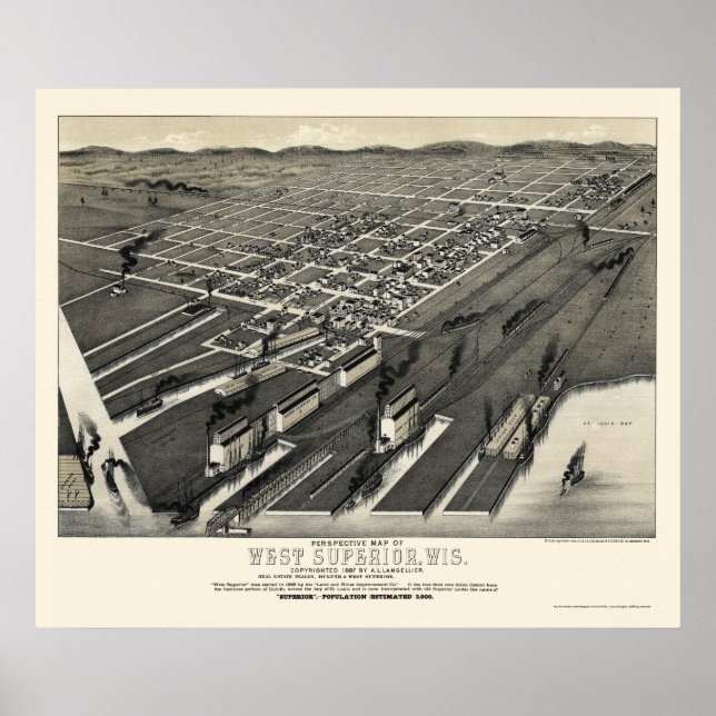 West Superior, WI Panorama Karte - 1887 Poster (Vorne)