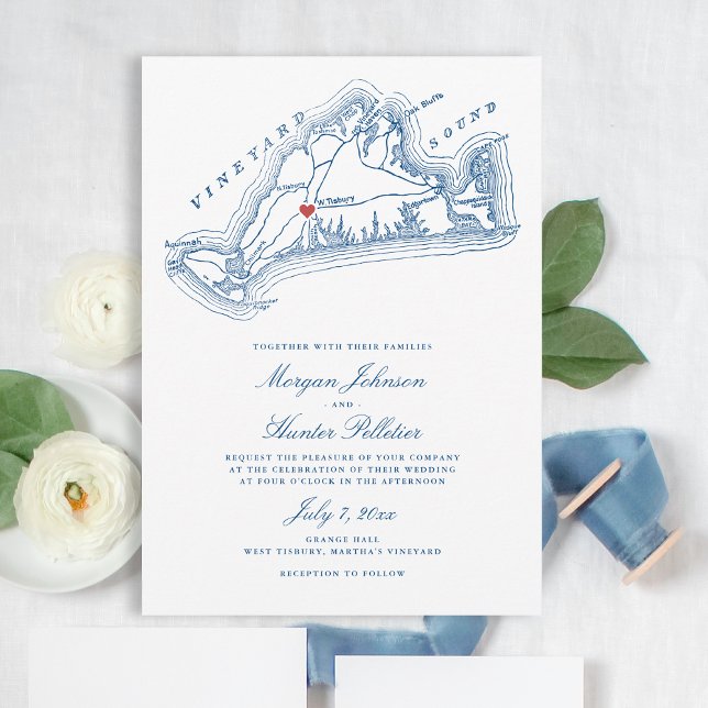 West Tisbury MA Map Elegant Navy Blue Wedding Einladung (West Tisbury Map Wedding Invitation for an elegant Navy Blue Martha's Vineyard Wedding)