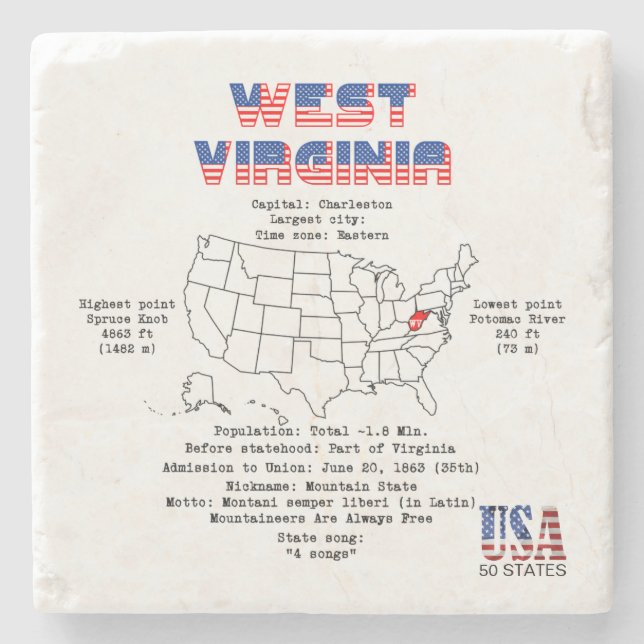 West Virginia American Staat auf einer Karte Steinuntersetzer (Vorderseite)