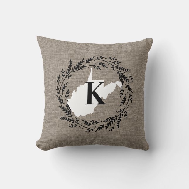 West Virginia Rustic Wreath Monogram Throw Pillow Kissen (Vorderseite)
