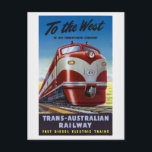 Westaustralenbahn Postkarte<br><div class="desc">Vollständig restauriertes Vintages Bahnreisepaket aus Australien. Bitte beachten Sie, dass unsere Plakate hochwertige Reproduktionen sind, die auf beruflichen, hochauflösenden Scans der Originale basieren. Bei unserem manuellen Retuschierprozess werden keine Filter verwendet, die originale Details oder Texturen entfernen, die Sie im Original sehen können. Alle Details bleiben unberührt. Farben korrigiert. Unvollkommenheiten beseitigt....</div>