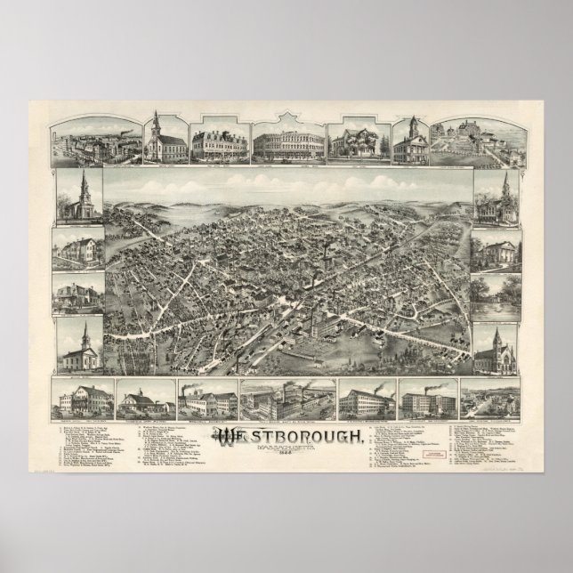Westborough Mass. 1888 Antique Panoramic Map Poster (Vorne)