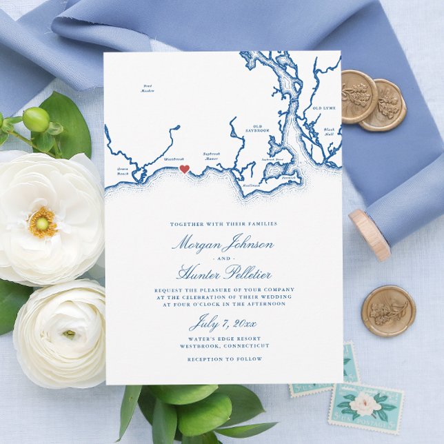 Westbrook CT Map Elegant Navy Blue Wedding Einladung (Westbrook CT Map Wedding Invitation for an elegant blue Connecticut seaside destination wedding )