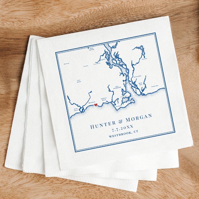 Westbrook CT Map Elegant Navy Blue Wedding Serviette (Westbrook CT Map Wedding Napkins for a Waters Edge Resort destination wedding in navy blue)