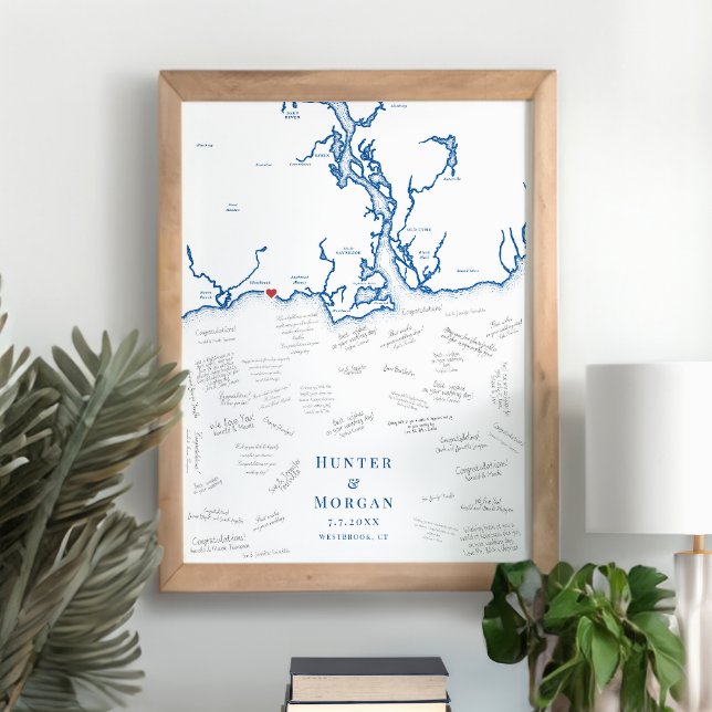 Westbrook Wedding Elegant Navy Gästebuchplakat Poster (Westbrook CT Map Wedding Alternative Guest Book Poster in Elegant Navy Blue from Coastal Map Designs)
