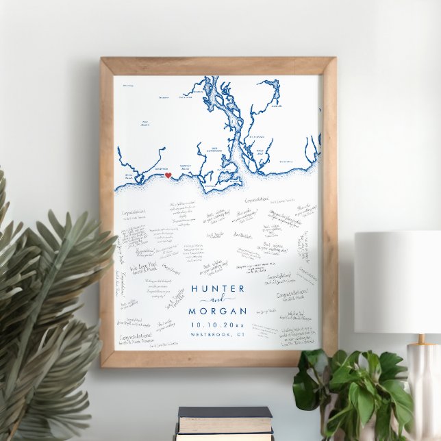 Westbrook Wedding Modern Navy Gästebuchplakat Poster (Westbrook CT Map Wedding Alternative Guest Book Poster in Modern Navy Blue from Coastal Map Designs)
