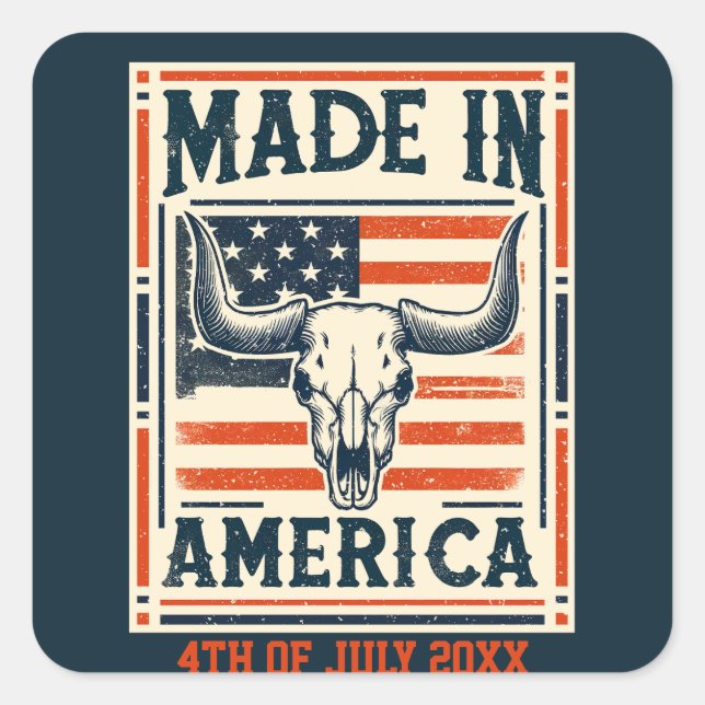 Western American Country Cow Skull 4. Juli Quadratischer Aufkleber (Vorderseite)