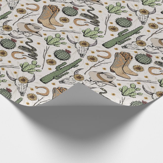 Western Americana Laughing Cowboy Skull und Cactus Geschenkpapier (Ecke)