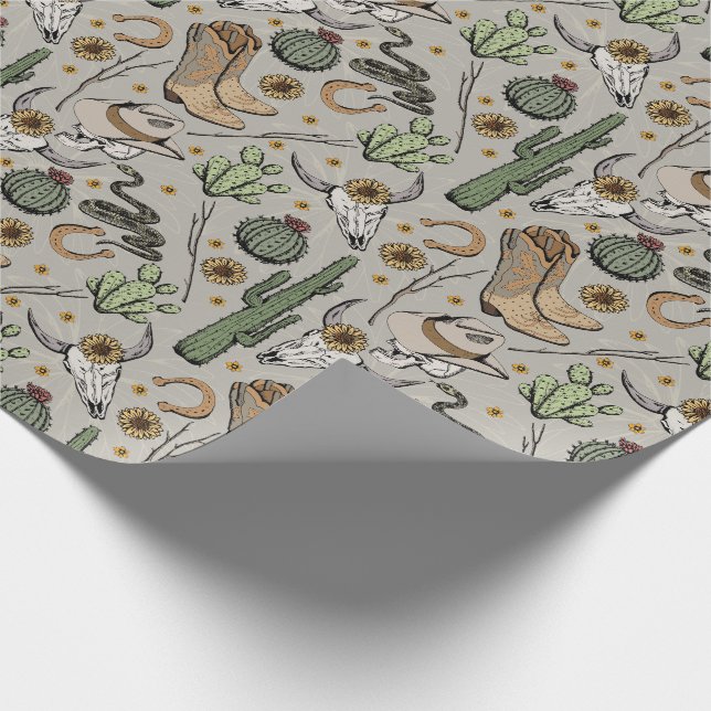 Western Americana Laughing Cowboy Skull und Cactus Geschenkpapier (Ecke)