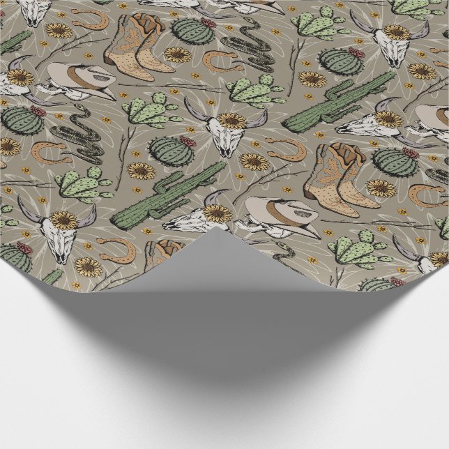 Western Americana Laughing Cowboy Skull und Cactus Geschenkpapier (Ecke)