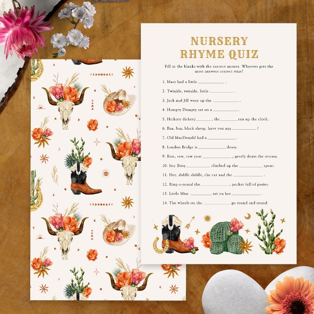 Western Baby Showspiel (Western Theme Baby Shower Nursery Rhyme Quiz Game Card by Painted Paperie
)