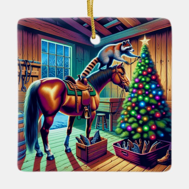 Western Barn Raccoon Dekorieren Weihnachtsbaum Keramikornament (Vorderseite)