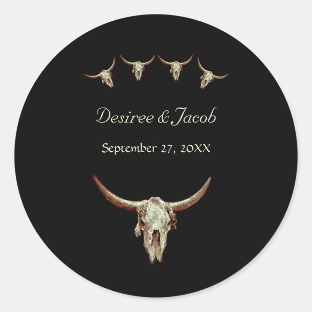 Western Black Rustic Wedding Kuh Bull Skull Runder Aufkleber (Vorderseite)