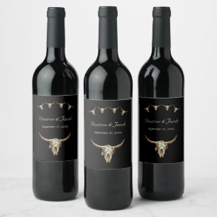 Western Black Rustic Wedding Kuh Bull Skull Weinetikett