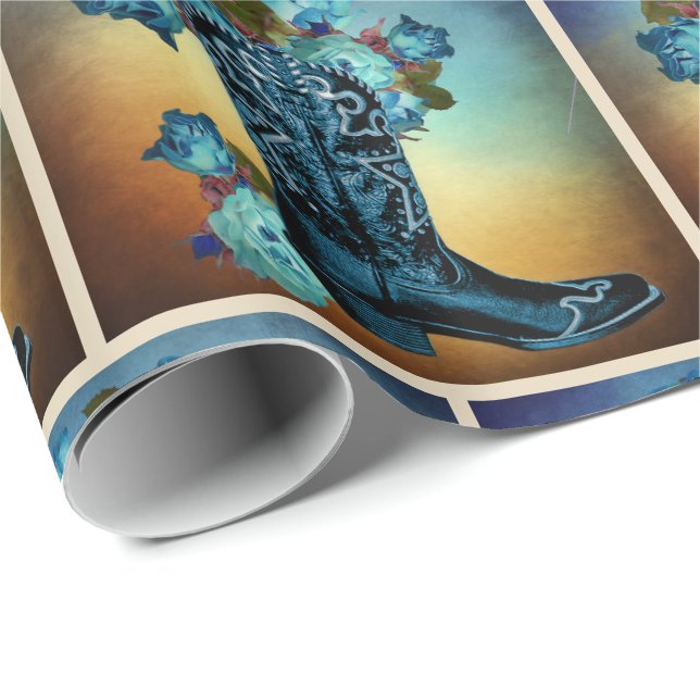 Western Blue Cowboy Boot mit Rose auf Sonnenunterg Geschenkpapier (Rolleneckpunkt)