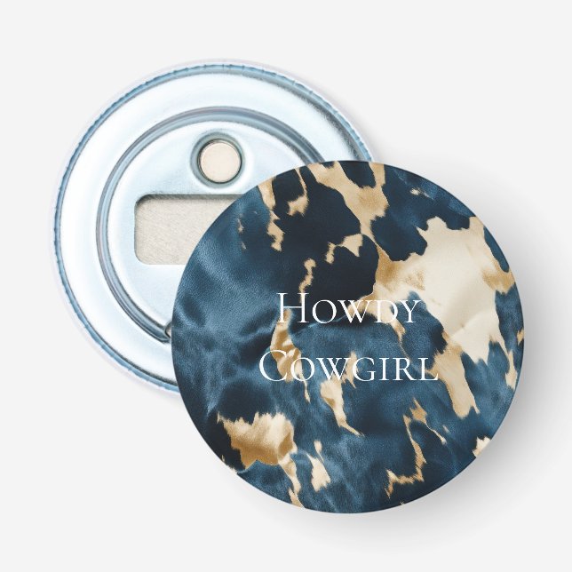 Western Blue Cream Gold Cowboy Cowgirl Cowhide Flaschenöffner (Vorderseite)