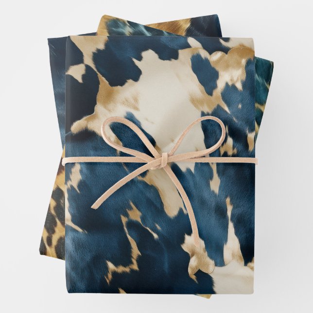 Western Blue Cream Gold Cowboy Cowgirl Cowhide Geschenkpapier Set (Beispiel)