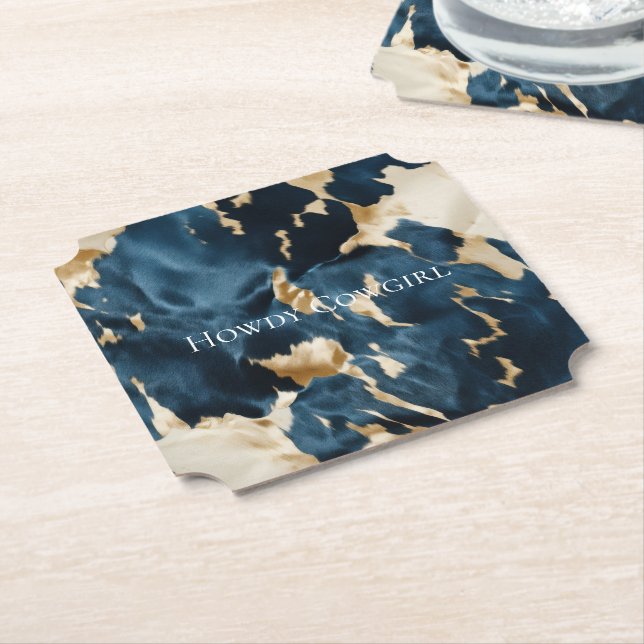 Western Blue Cream Gold Cowboy Cowgirl Cowhide Untersetzer (angewinkelt)