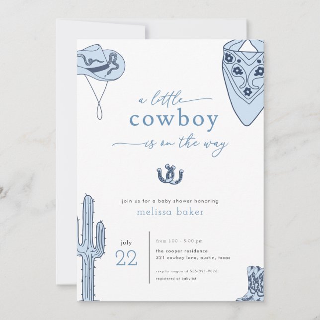 Western Blue Little Cowboy Baby shower Invitation (Devant)