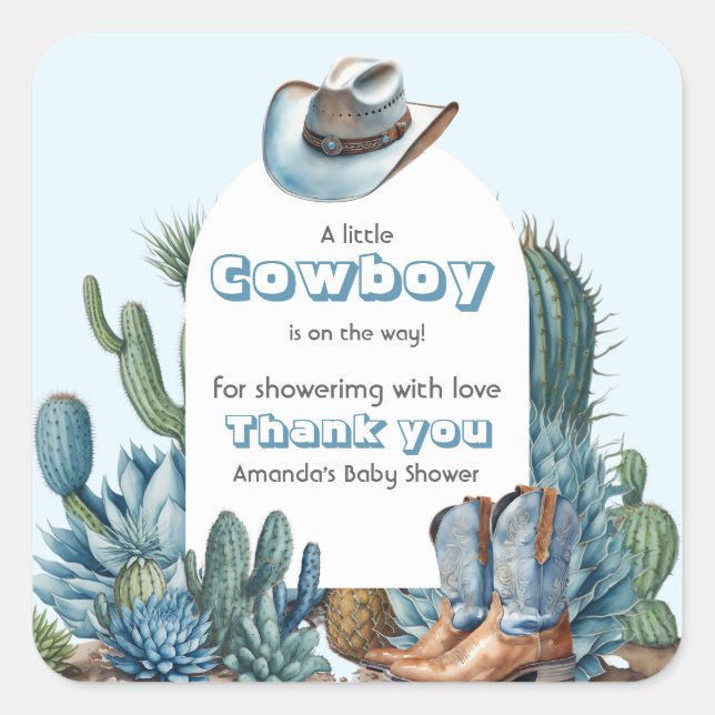 Western Blue Little Cowboy Rodeo Kinderdusche Quadratischer Aufkleber (Vorderseite)