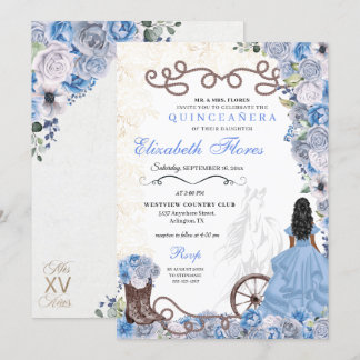 Western Blue Princess Floral Charra Quinceañera Einladung