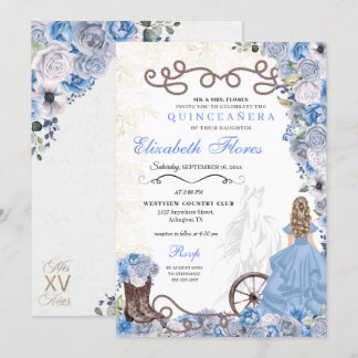 Western Blue Princess Floral Charra Quinceañera Einladung