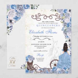 Western Blue Princess Floral Charra Quinceañera Einladung