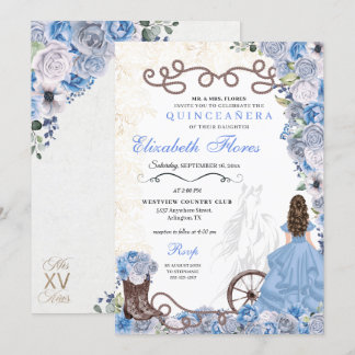 Western Blue Princess Floral Charra Quinceañera Einladung