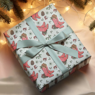 Western Blue Xmas Cowboy Stiefel, Pinecones Berrie Geschenkpapier