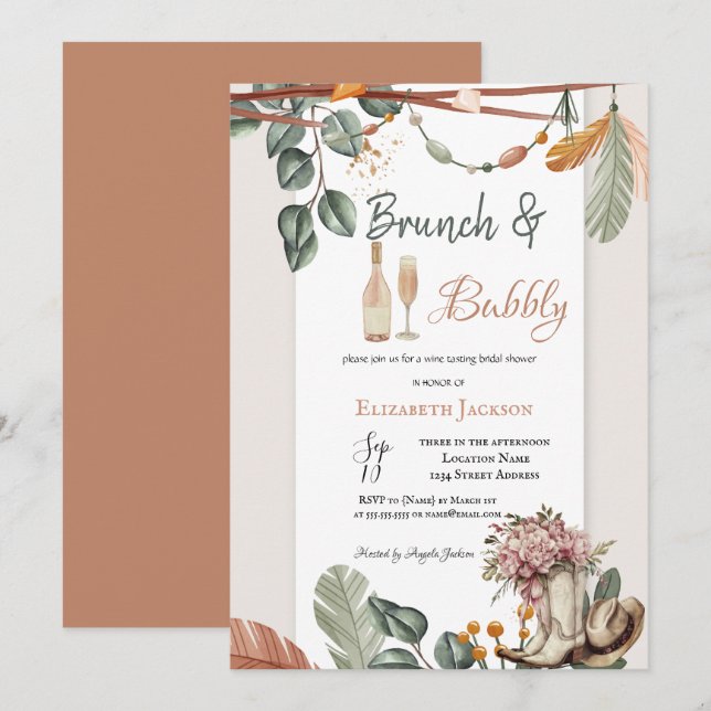Western Boho Brunch & Bubbly Bridal Shower  Einladung (Vorne/Hinten)